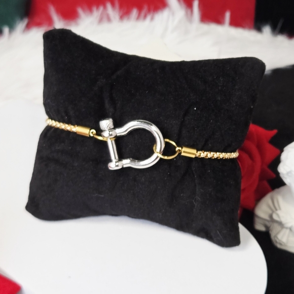 Mixed Metal Carabiner Bracelet Gold Box Chain Horseshoe Shackle Minimalist Chic - Picture 5 of 6